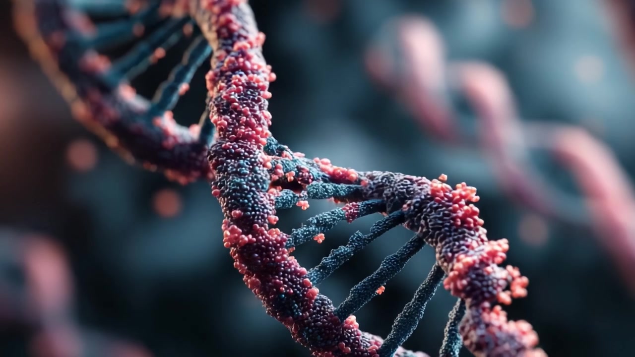 Una visualizzazione ravvicinata della struttura del DNA che evidenzia il complesso design elicoidale e la complessa disposizione molecolare nella rappresentazione del materiale genetico