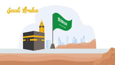 saudi arabia flag with famous kaaba buildings