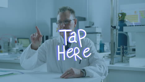in lab, scientist gesturing with animation tap here text overlay