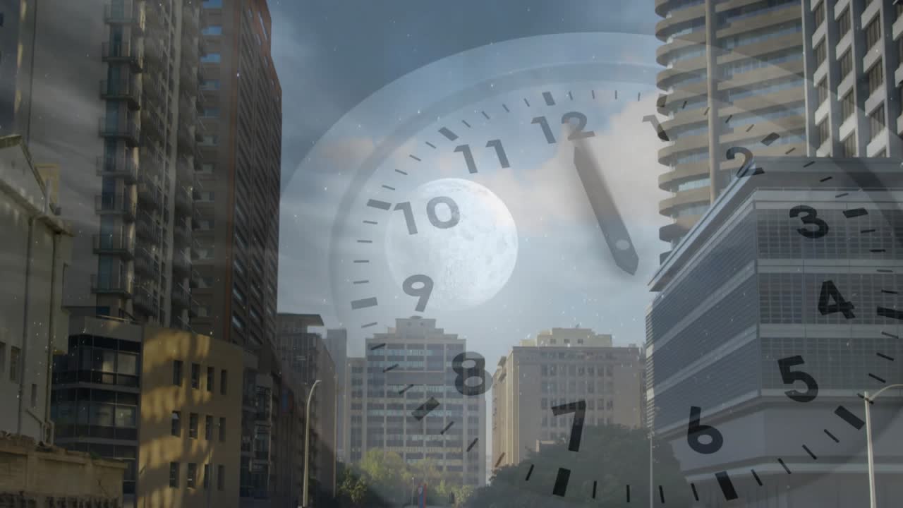 Overlay clock appearing, towers framing avenue, hands sweeping clockwise, showing time passing