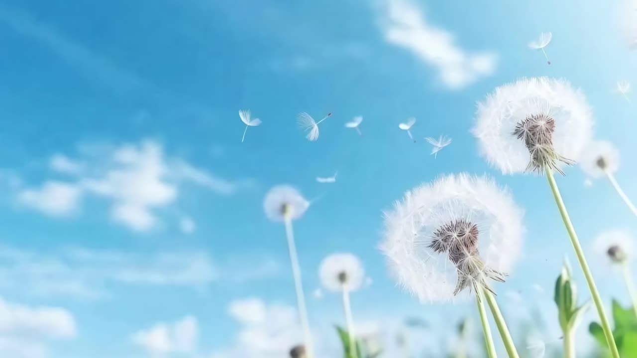 Low-angle video shot of dandelions against a bright blue sky, capturing a serene, airy atmosphere