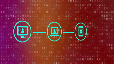 animación de la conexión de computadora, portátil y teléfono inteligente con codificación binaria en segundo plano