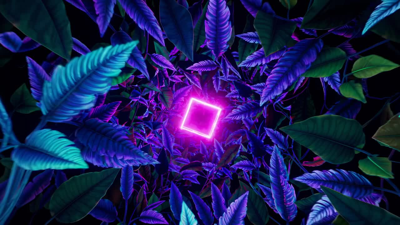 Aerial view of vibrant neon leaves surrounding a glowing pink square, creating a futuristic