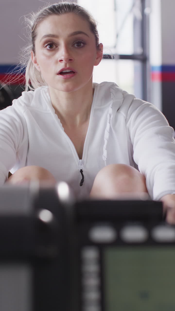 Vertical video of determined caucasian woman on rowing machine working out at gym