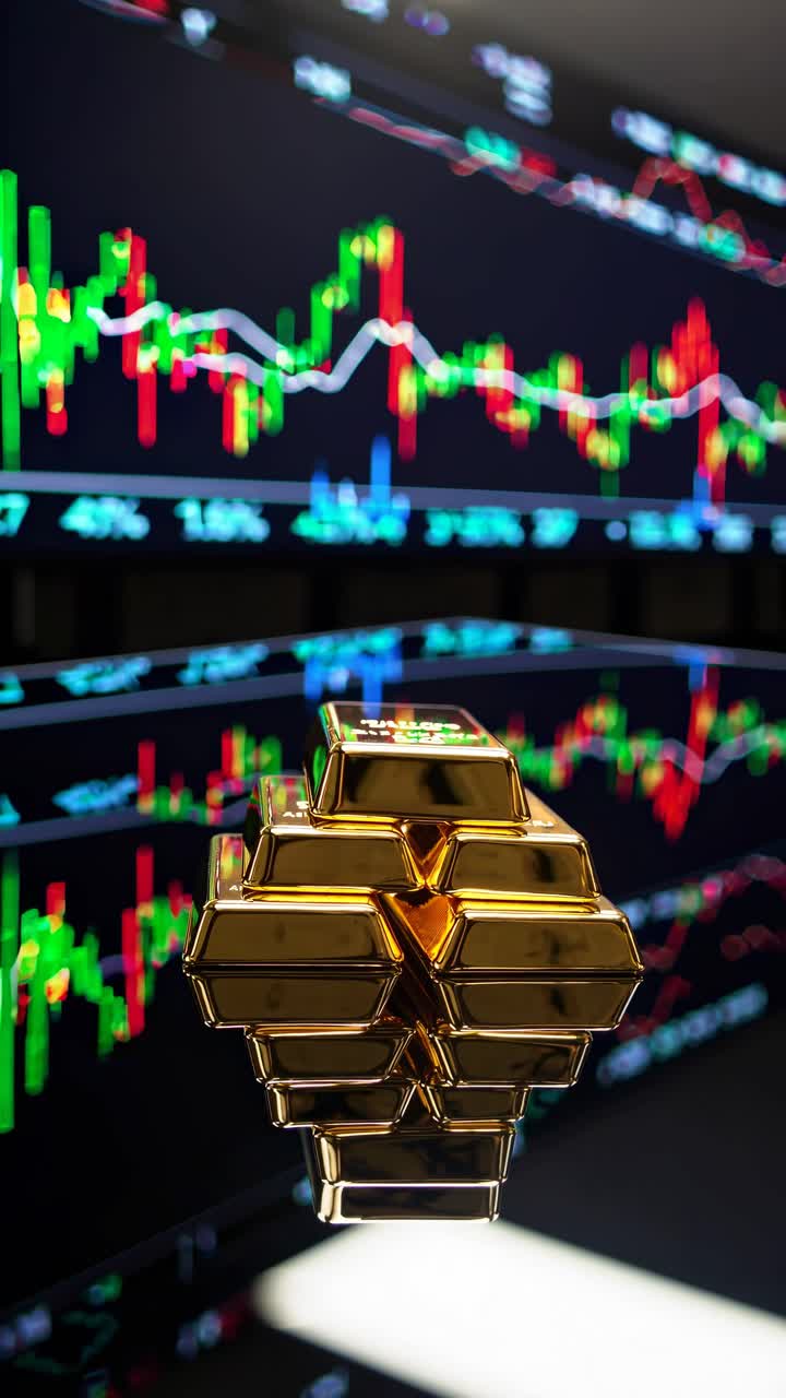 Low-angle shot of a golden trophy with stock market graphs in the background, capturing a dynamic