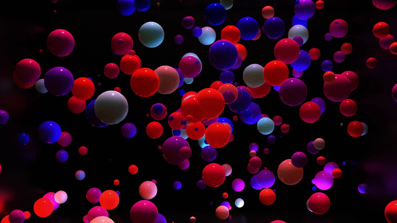 Abstract composition of colorful balls in air, which randomly light up and reflect in each other. Multicolored spheres in air as simple geometric dark background with light effects.