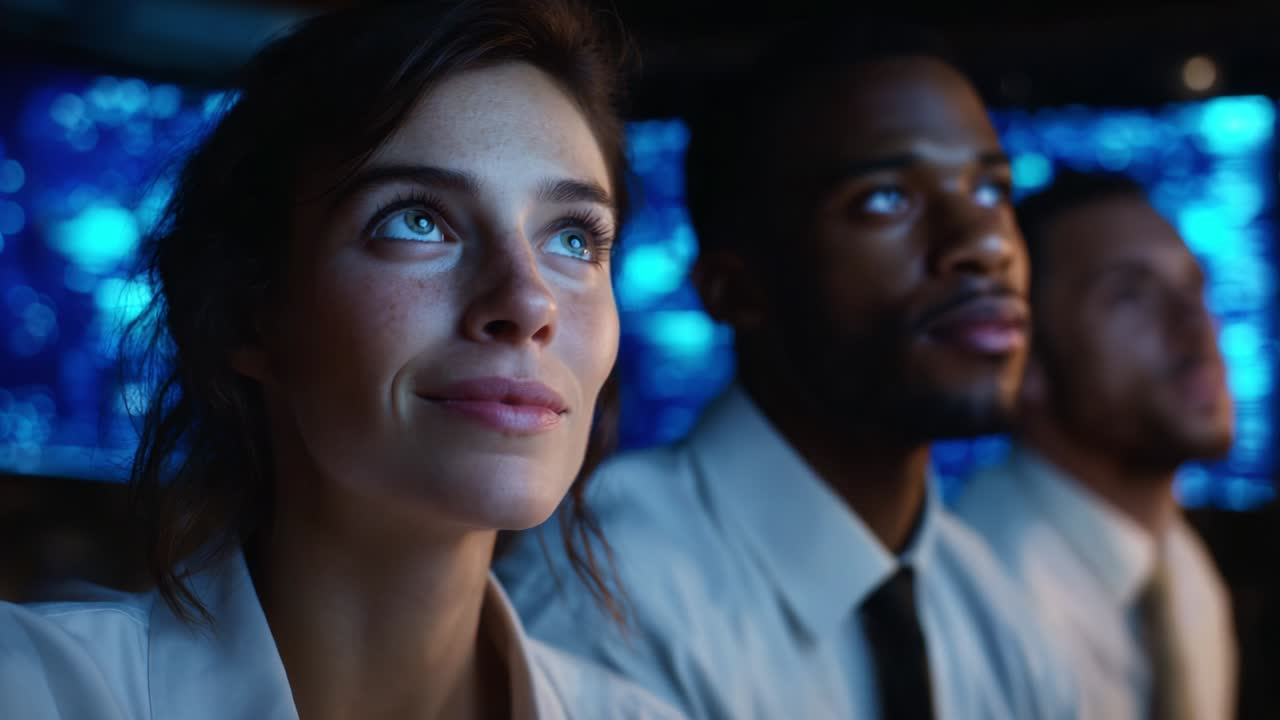 Captured Moments of Anticipation and Engagement: A Group of Professionals Focused on a Display, Exhibiting Expressions of Curiosity and Reflection Amidst a Technological Environment Enhanced with Blue Light