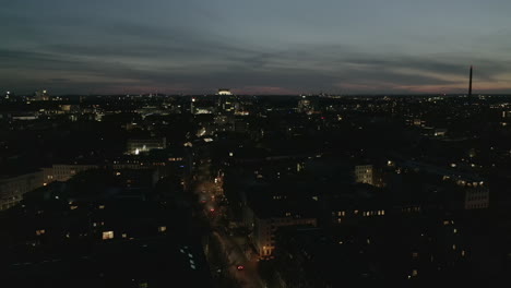 AERIAL:-View-of-empty-Berlin,-Germany-Neighbourhood-with-City-Light-During-COVID-19-Coronavirus-Pandemic