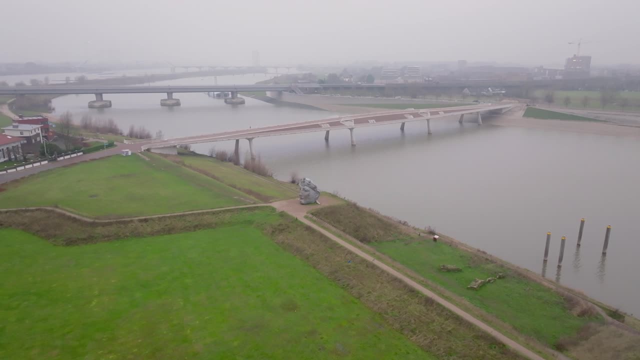 Aerial Orbit View of Gezicht van Nijmegen Sculpture and Skyline