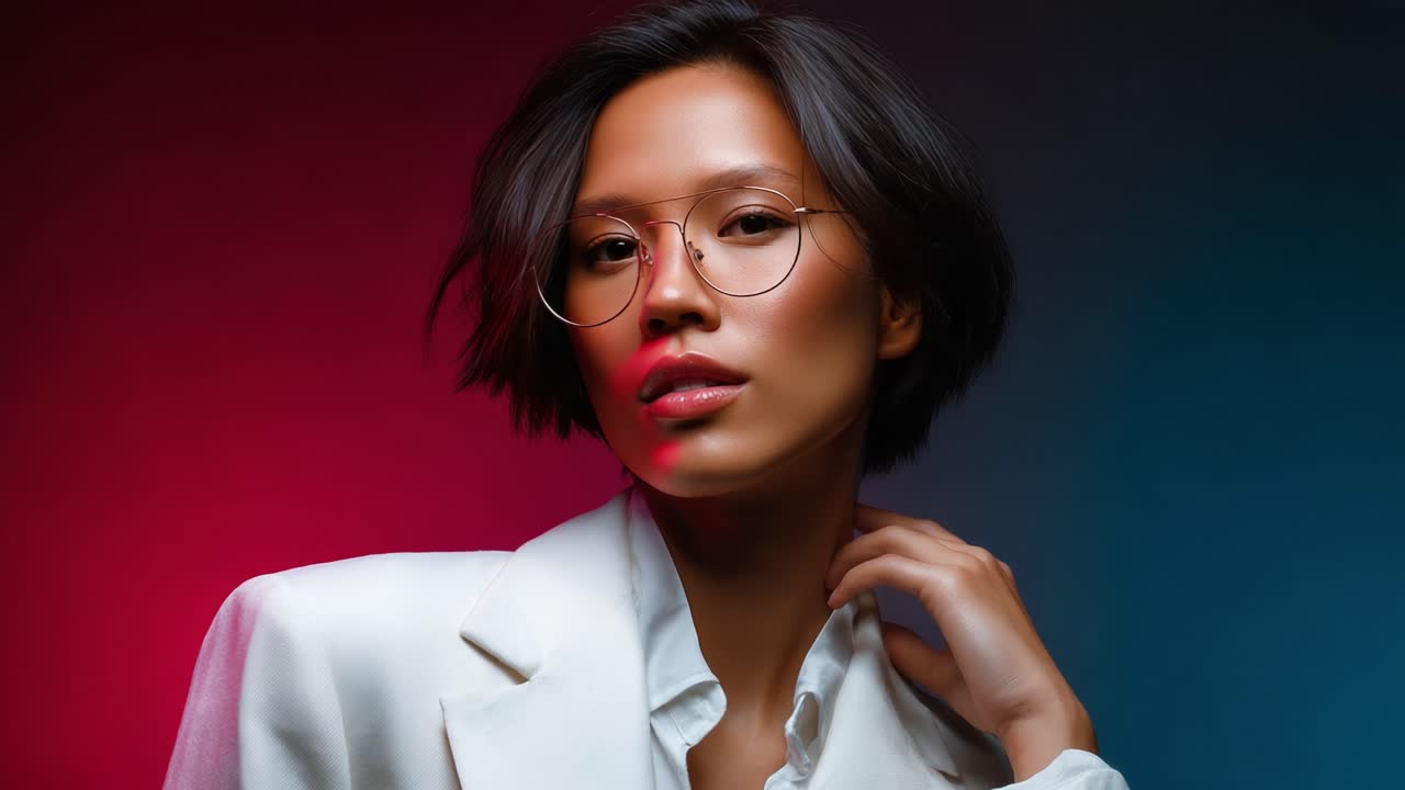 A striking portrait of a confident young woman with short hair and stylish glasses, exuding elegance against a vibrant gradient background in shades of red and blue