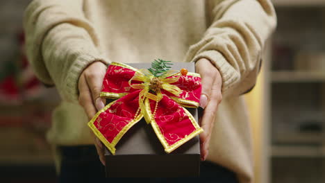 close up woman showing beautiful gift for christmas