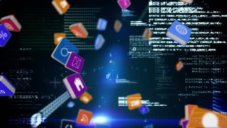 iconos de internet cayendo en un fondo con códigos de programas