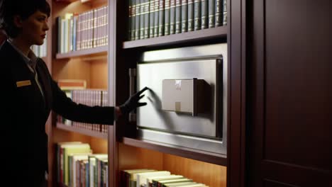 a mysterious reveal in an elegant library: examining a bookcase with a concealed compartment, showcasing intrigue and knowledge in a classic setting