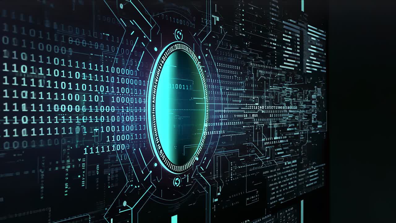 Streaming binary digits shifting while circular interface module pulsing on monitor with tracelines