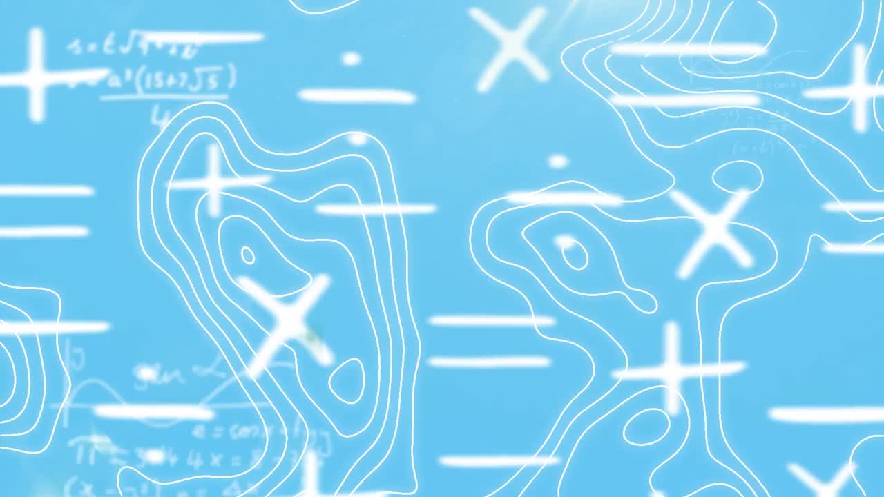 파란색 배경에 수학 방정식과 움직이는 모양의 애니메이션