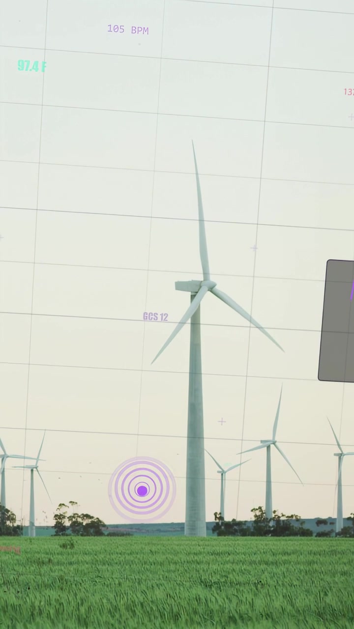Video verticale: Turbina che gira mentre la brezza colpisce le pale, bersaglio viola che pulsa, HUD che mostra i dati.