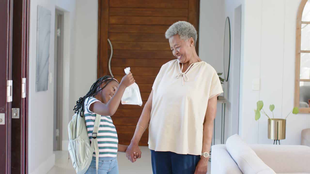 African American grandma greeting granddaughter arriving at entry, holding hand, showing lunch bag