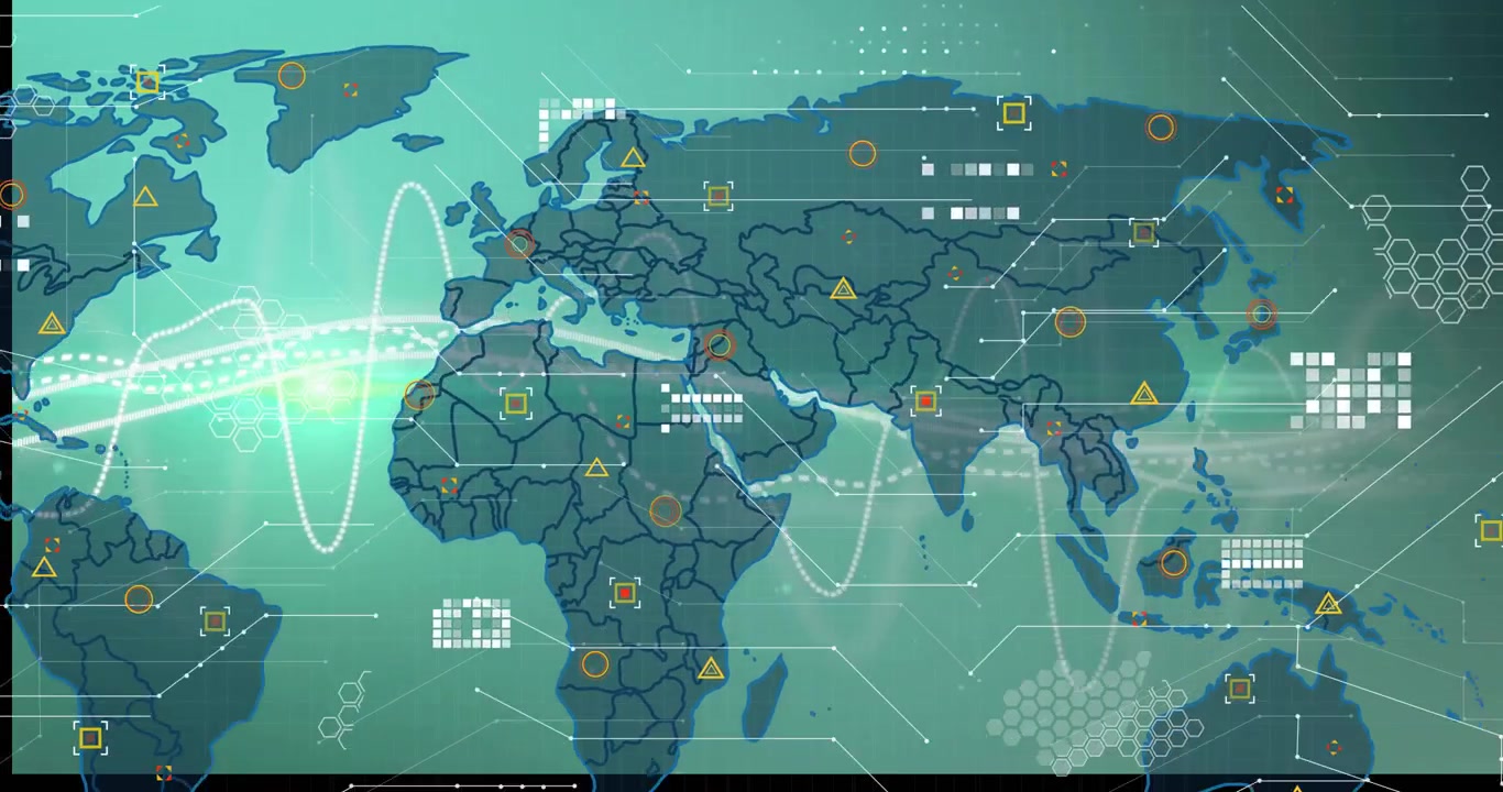 Green map initiating white wave sweeping then displaying markers and grids for monitoring interface
