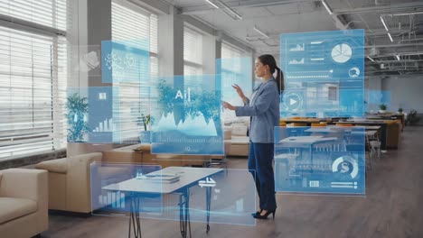 Woman Interacting with AI Holographic Displays in a Modern Office