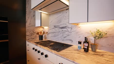 white modern kitchen stove and cabinets with black accents