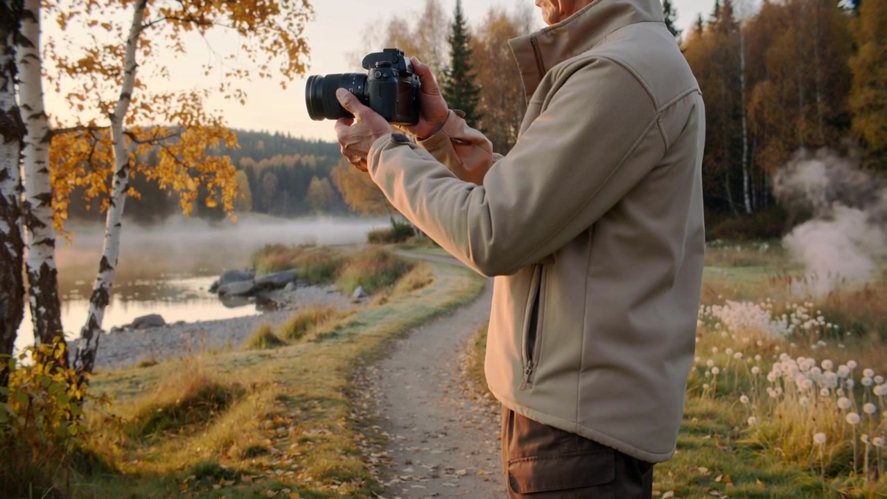 Raising DSLR, photographer composing shot at dawn on path by lake, wearing fleece, capturing mist