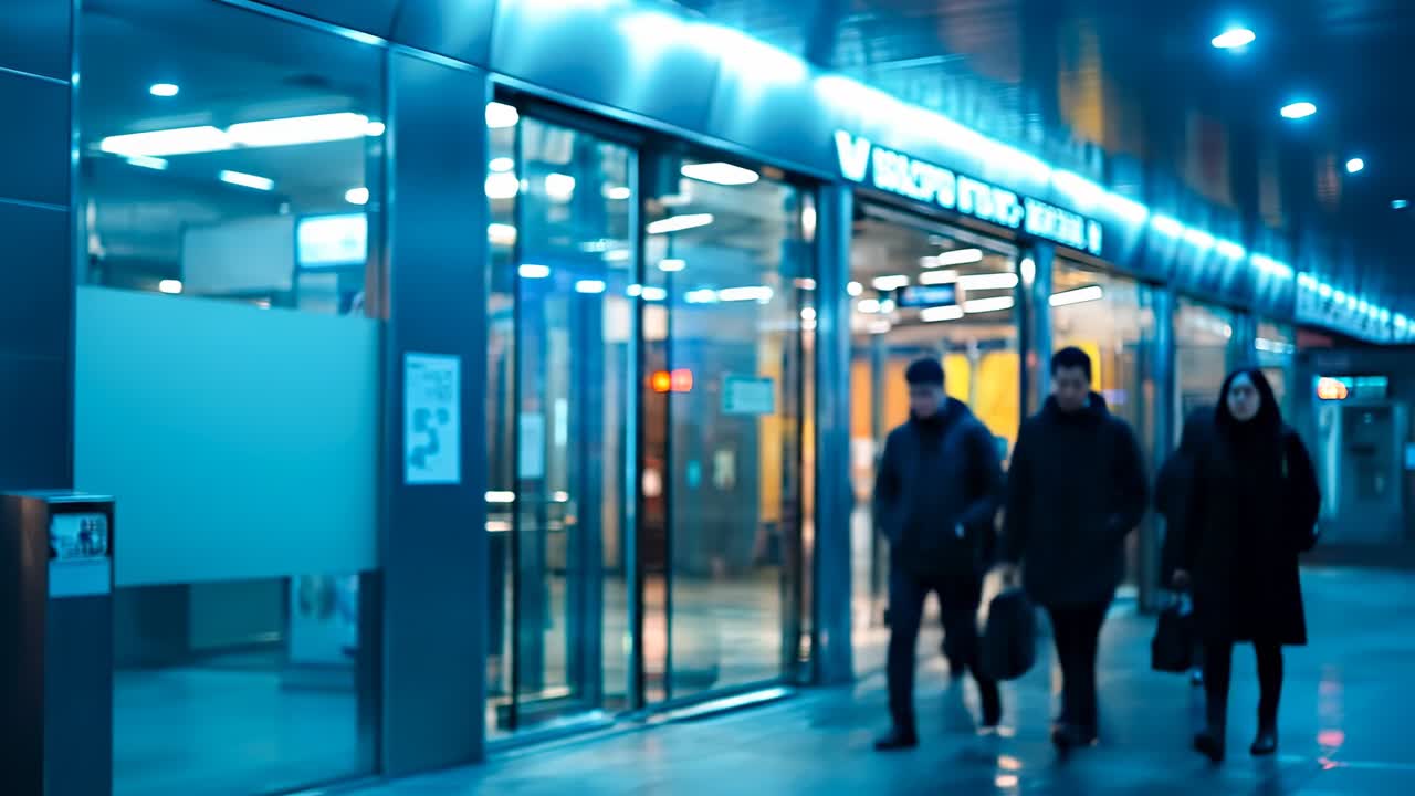 Interno sfocato di una stazione della metropolitana con persone in luce blu. Sfocatura di movimento astratta di una moderna sala della stazione della metropolitana con sagome di persone e un segnale di stop rosso in primo piano