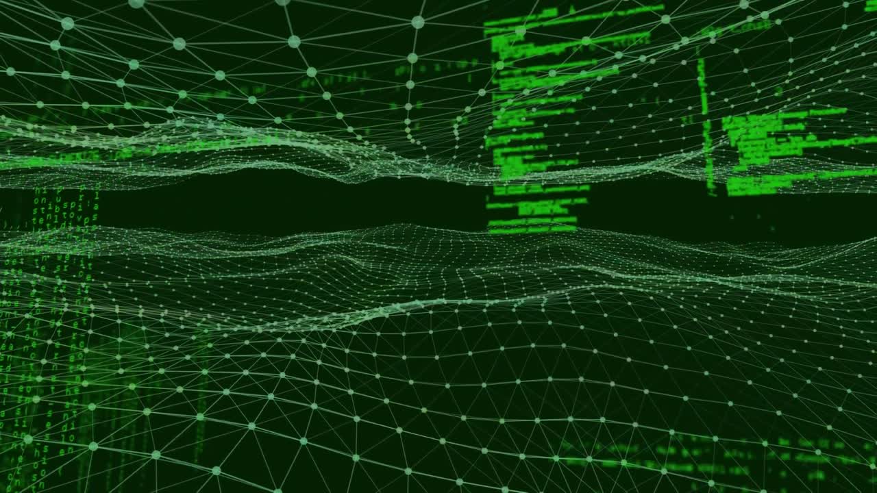 Data processing against glowing green digital wave on black background