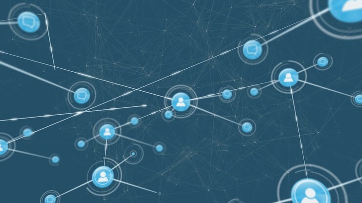 White tech lines on blue simplify online connectivity.