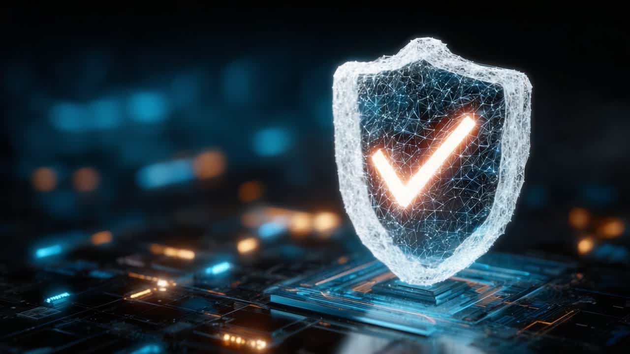 A Stunning Visualization of Cybersecurity: An Abstract Shield Symbolizing Protection and Trust in a Digital Environment, Highlighting Safety with a Distinct Checkmark