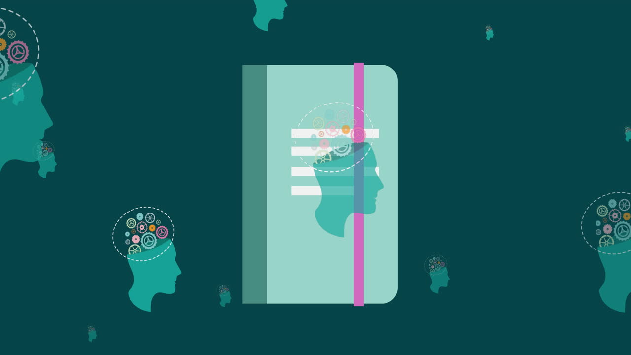 animación de la cabeza con iconos de engranajes sobre el cuaderno