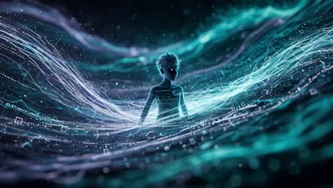 exploring digital existence where reality and imagination merge in an ethereal landscape filled with data streams