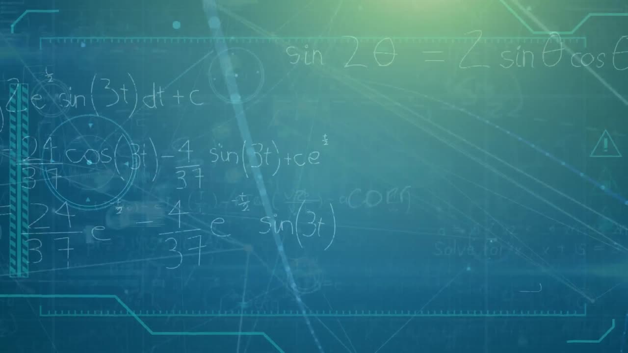 animación de ecuaciones matemáticas sobre puntos conectados y llamaradas de lente sobre fondo azul