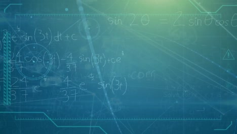 Animation-of-mathematical-equations-over-connected-dots-and-lens-flares-on-blue-background