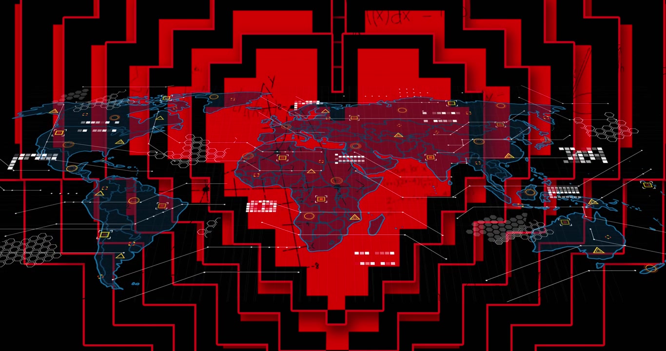 Animation of red hearts, data processing over world map