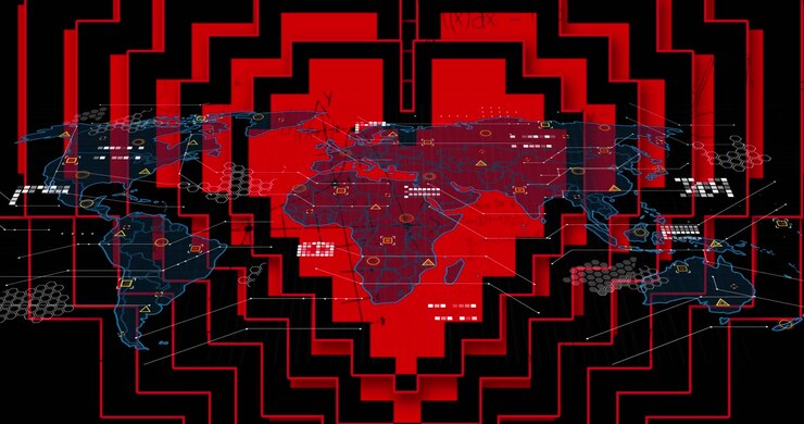 Animation of red hearts, data processing over world map