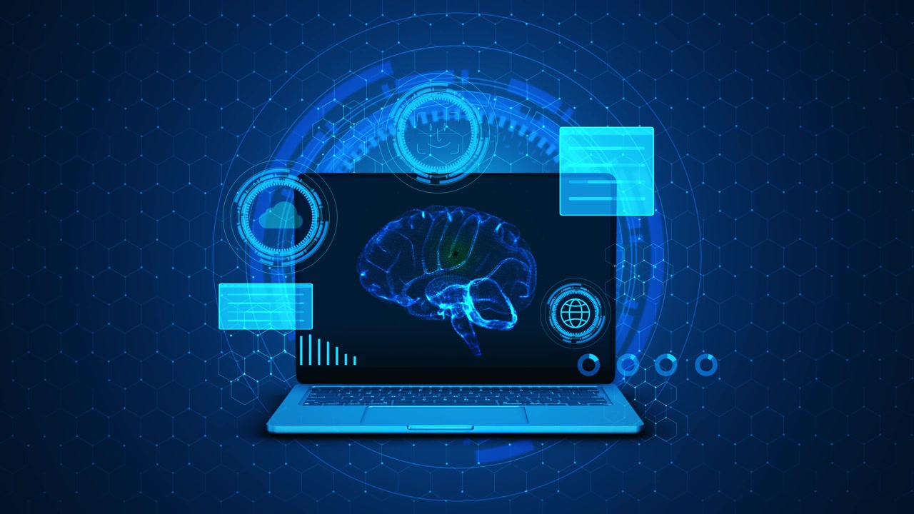 Neural technology laptop hud visual with blue brain scan floating data panels cloud symbol and