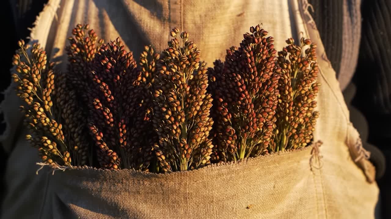 A Close-Up View of Hand-Harvested Grains Showcasing the Rich Colors and Textures of Nature in a Rustic Cloth Pocket