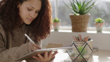 Hermosa-Joven-Mujer-De-Raza-Mixta-Dibujando-Con-Lápiz-óptico-De-Tablet-Pc-Dibujando-Ideas-Creativas-Estudiante-De-Diseño-Independiente-Trabajando-En-Tecnología-De-Panel-Táctil-Portátil