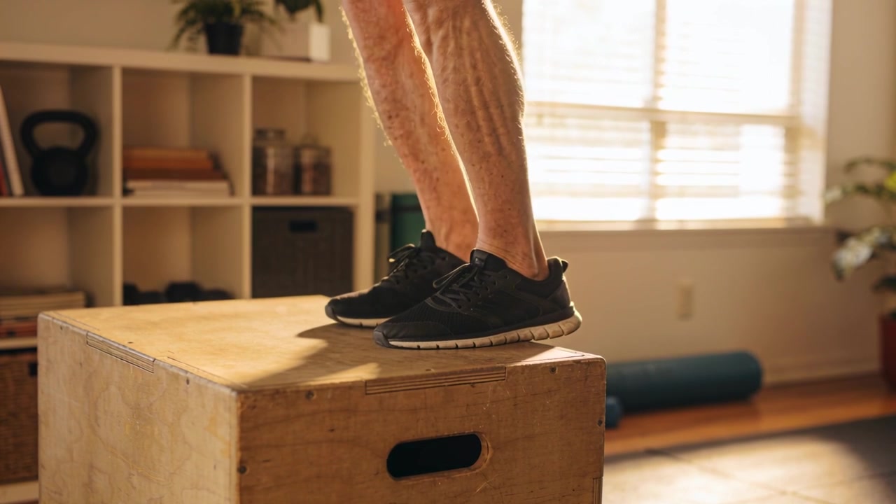 Uomo adulto che posiziona il piede su una plyo box di legno, eseguendo step-up per la forza a casa, con scarpe nere.