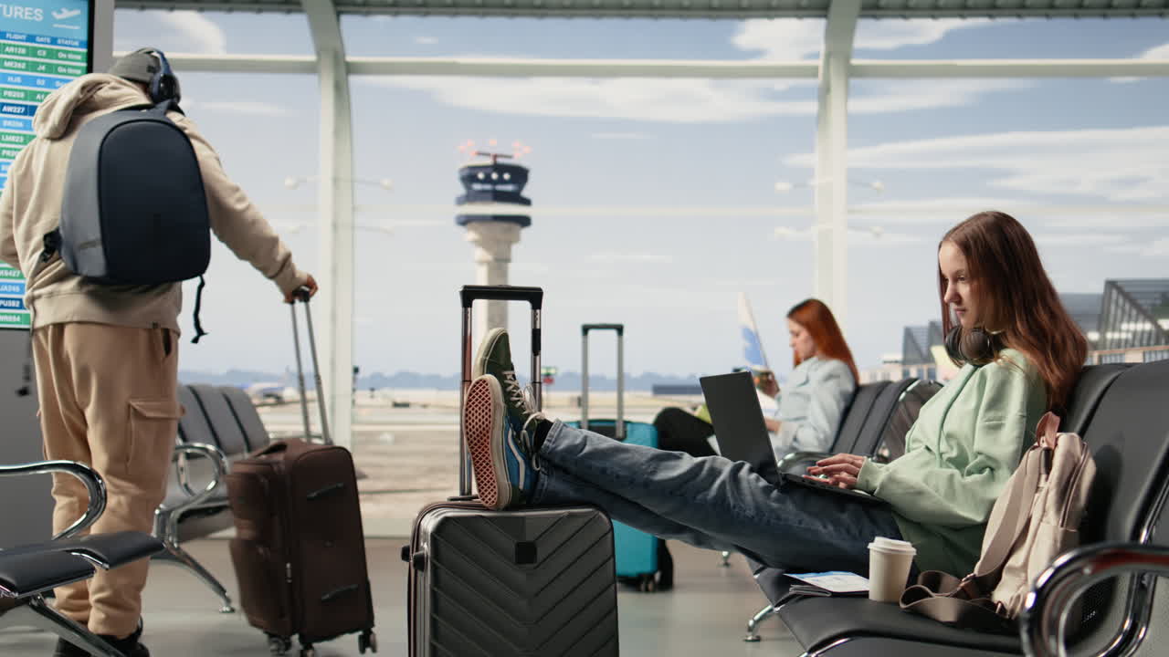 Professionel digital nomade kvinde bruger laptop i en overfyldt lufthavnslounge