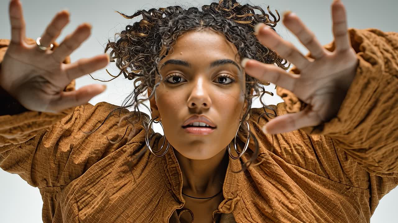 Young dancer performing modern choreography in slow motion on white background