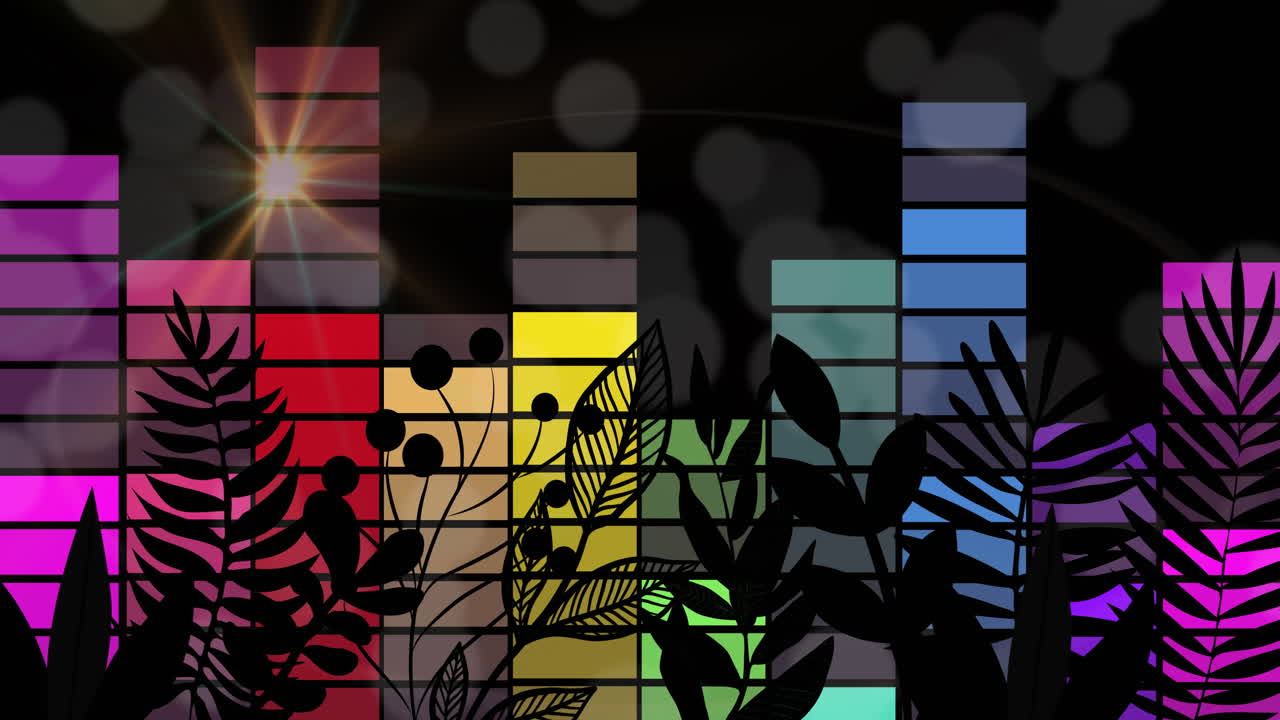 animación de plantas y columnas coloridas sobre fondo negro