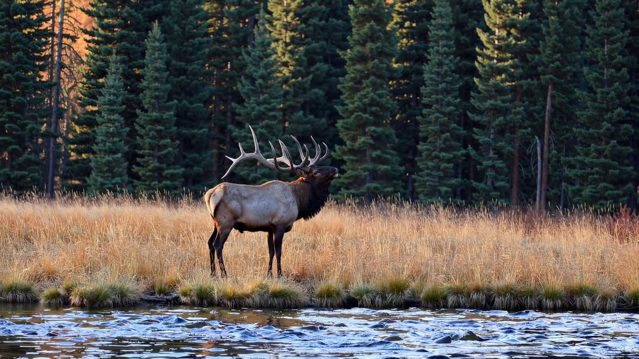 A majestic elk stands in a meadow, surrounded by tall pine trees