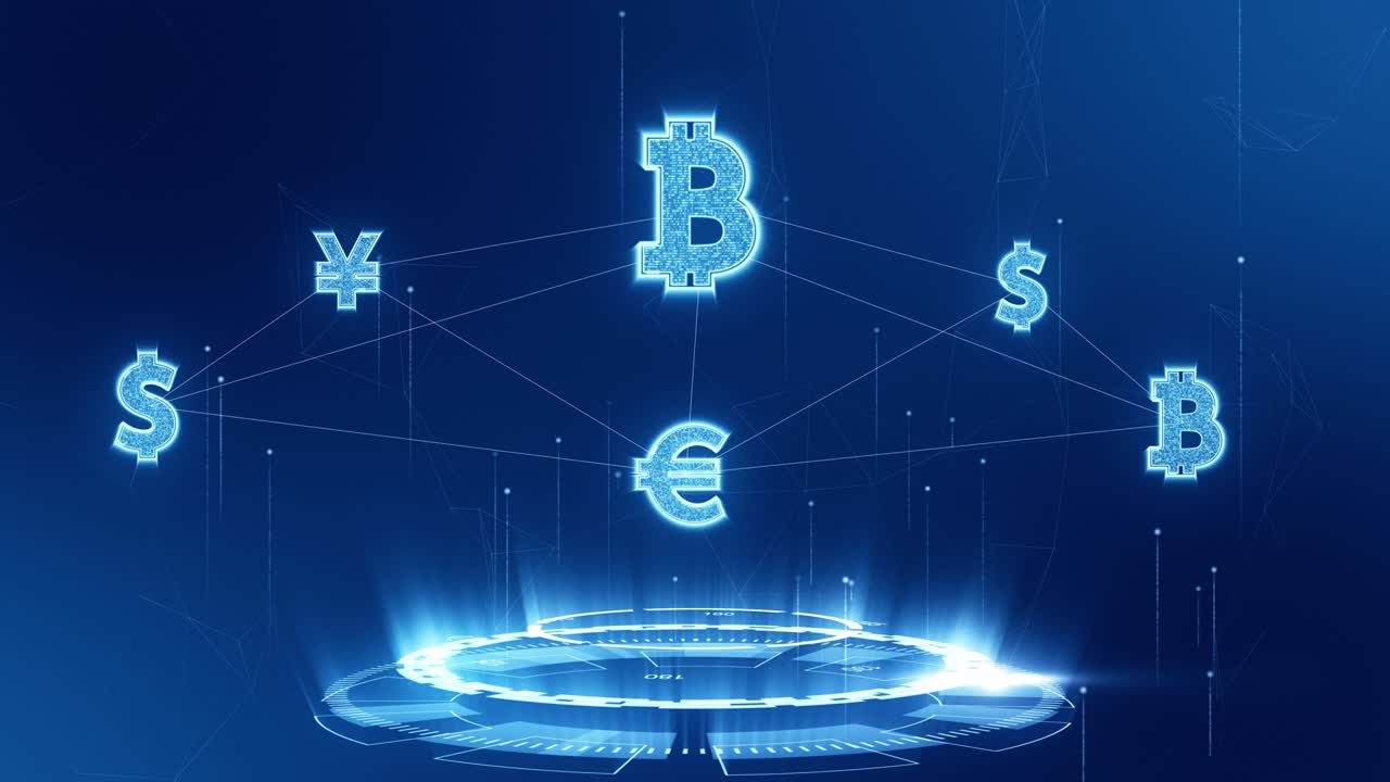 파란 돈 아이콘의 모션 그래픽과 미래의 원 회전 기술의 연결 추상적인 배경