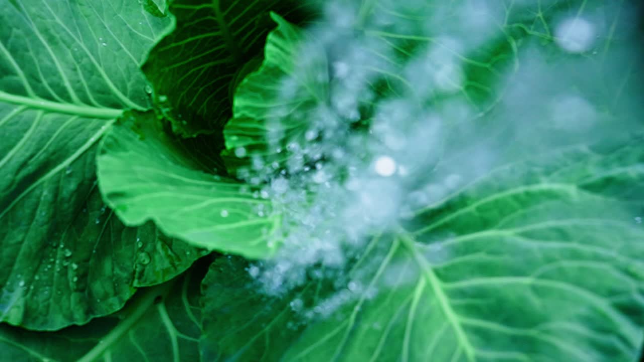 Gocce d'acqua che cadono su foglie fresche di cavolo verde