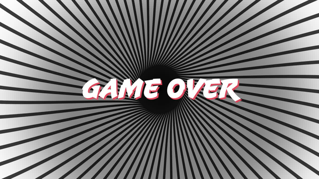 Animasi teks 'game over' di atas pola garis-garis