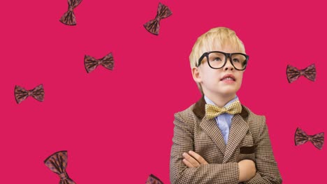 Animation-of-happy-caucasian-boy-over-pink-background-with-falling-bow-ties
