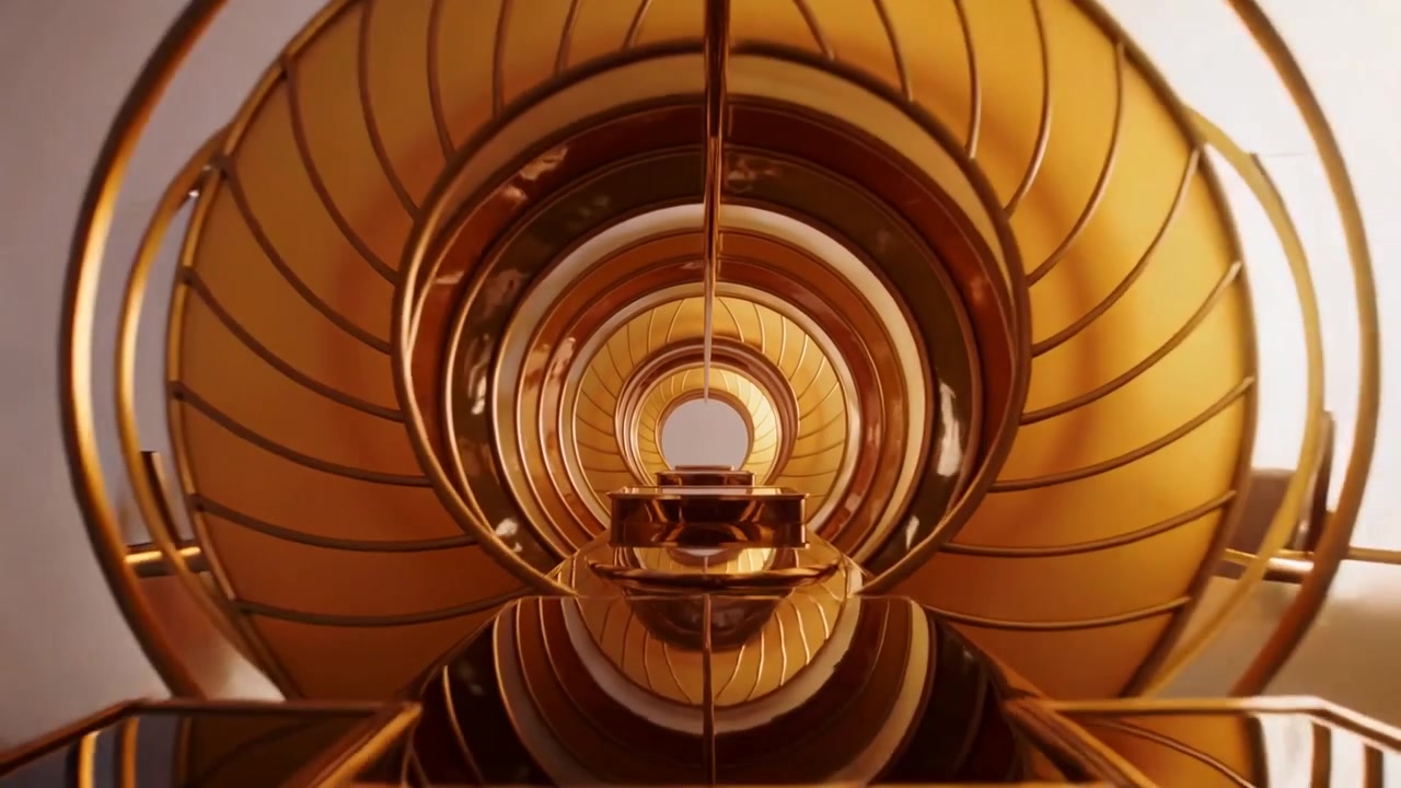 Telecamera in movimento che si addentra in un tunnel ad anelli dorati, mostrando un piedistallo, ringhiere e un pavimento a specchio, mentre si chiude