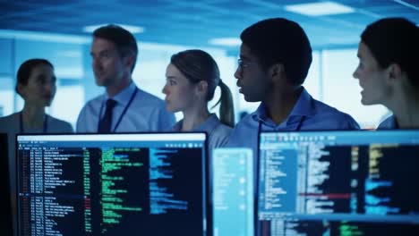 team of it professionals working late in a server room