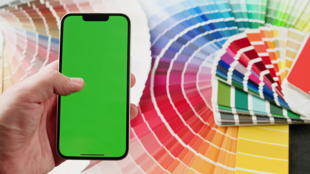 mano sosteniendo un teléfono inteligente con pantalla verde frente a una paleta de colores.